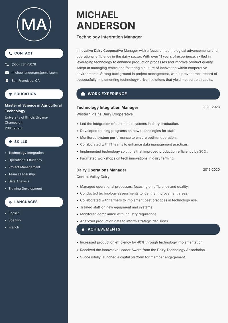 Dairy Cooperative Manager resume sample — Technology Integration Manager focus