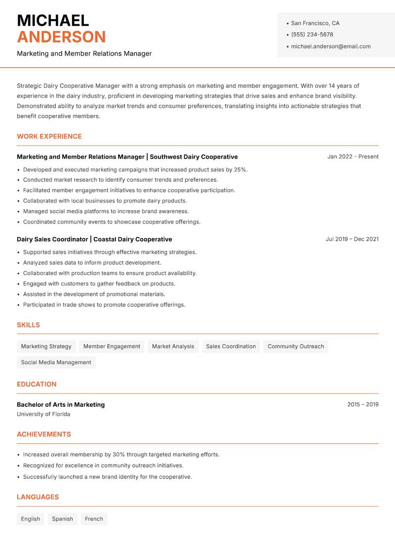 Dairy Cooperative Manager resume sample — Marketing and Member Relations Manager focus
