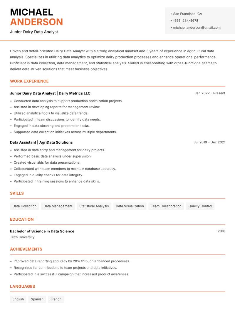 Dairy Data Analyst resume sample — Junior Dairy Data Analyst focus