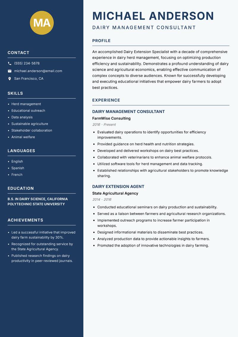 Dairy Extension Specialist resume sample — Dairy Management Consultant focus