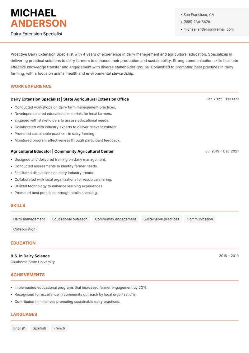 Dairy Extension Specialist resume sample — Dairy Extension Specialist focus