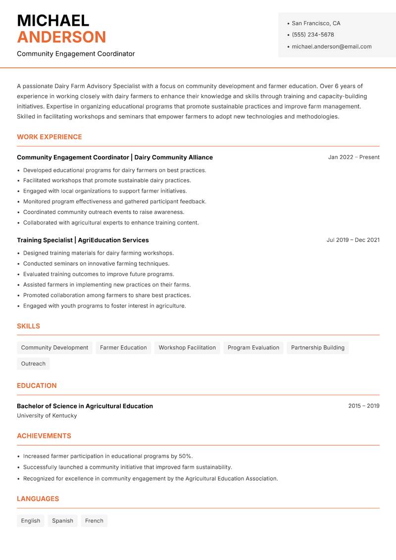 Dairy Farm Advisory Specialist resume sample — Community Engagement Coordinator focus
