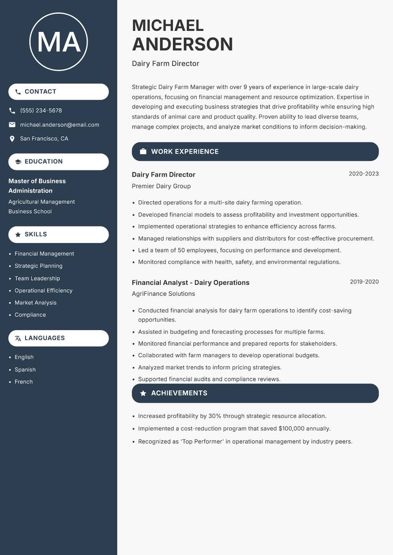 Dairy Farm Manager resume sample — Dairy Farm Director focus