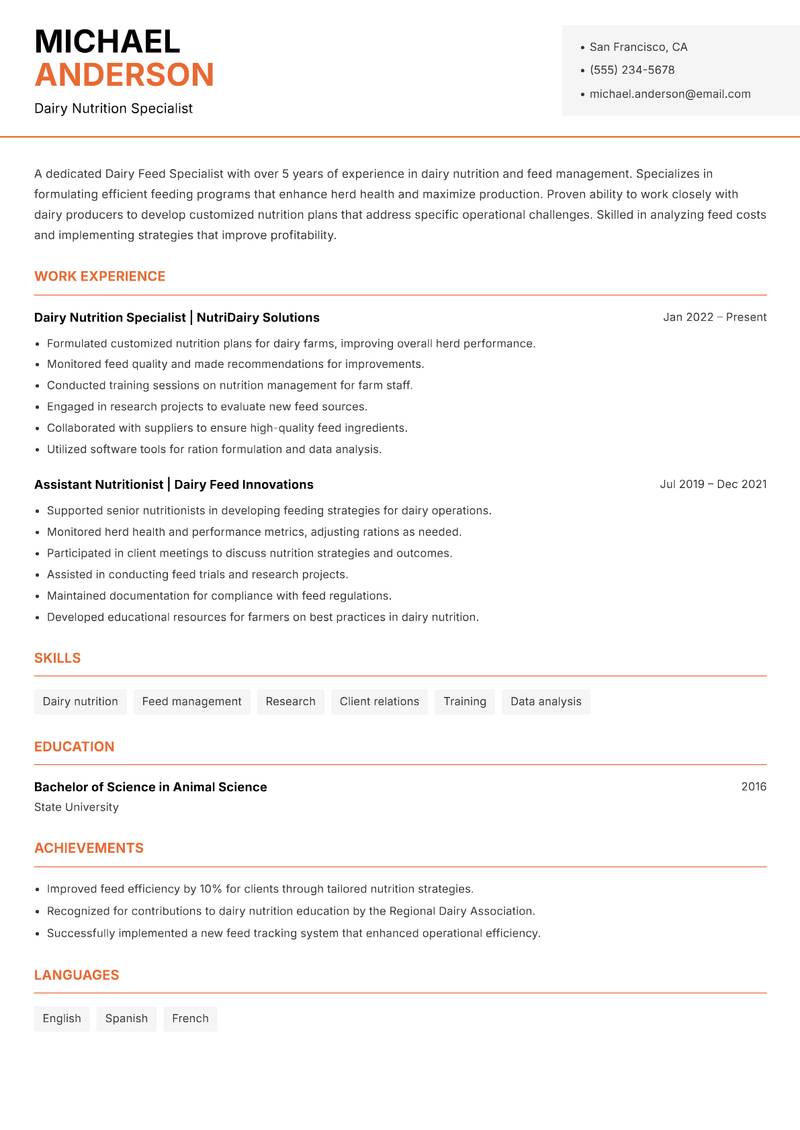 Dairy Feed Specialist resume sample — Dairy Nutrition Specialist focus