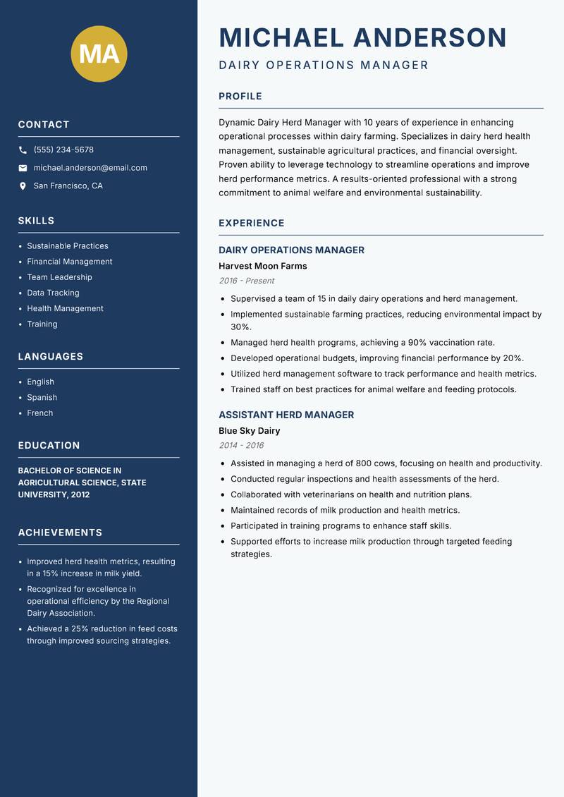 Dairy Herd Manager resume sample — Dairy Operations Manager focus