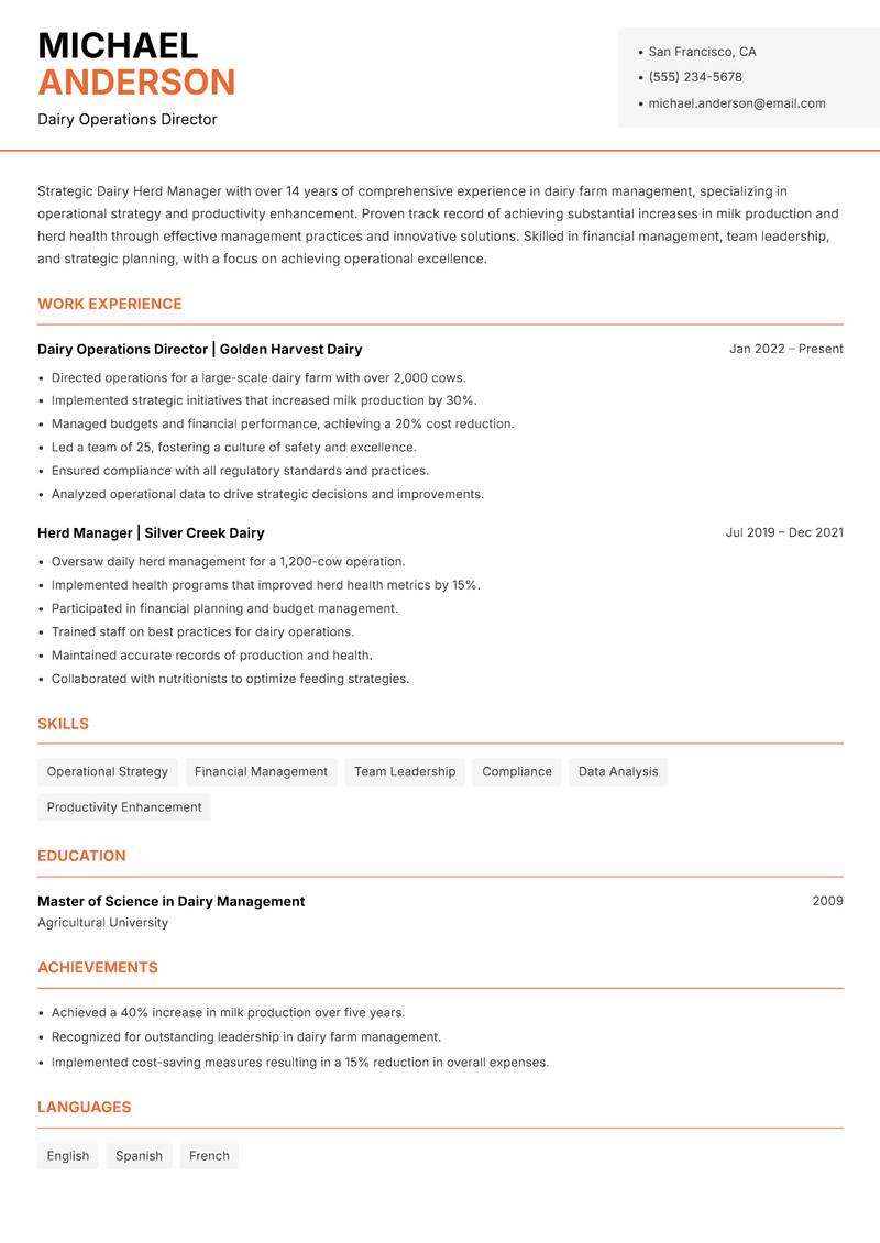 Dairy Herd Manager resume sample — Dairy Operations Director focus