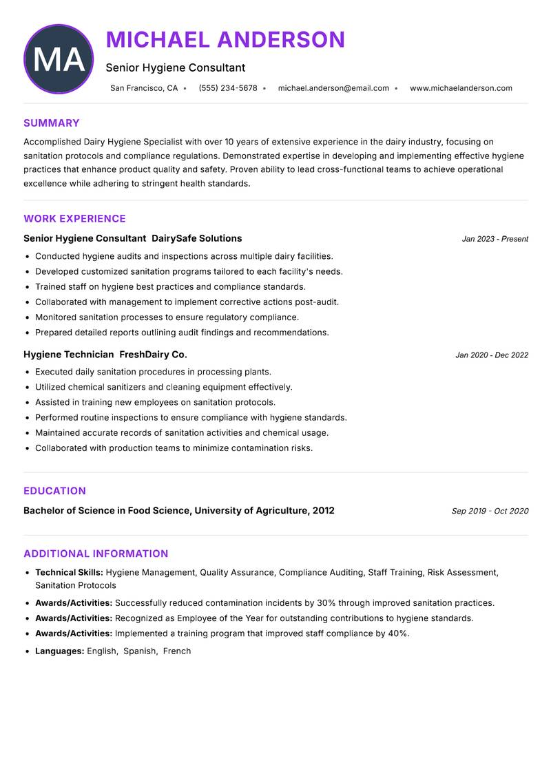 Dairy Hygiene Specialist resume example