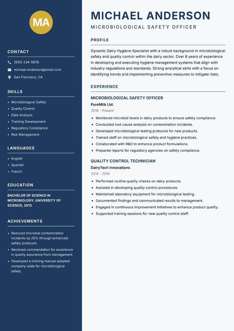 Dairy Hygiene Specialist resume sample — Microbiological Safety Officer focus