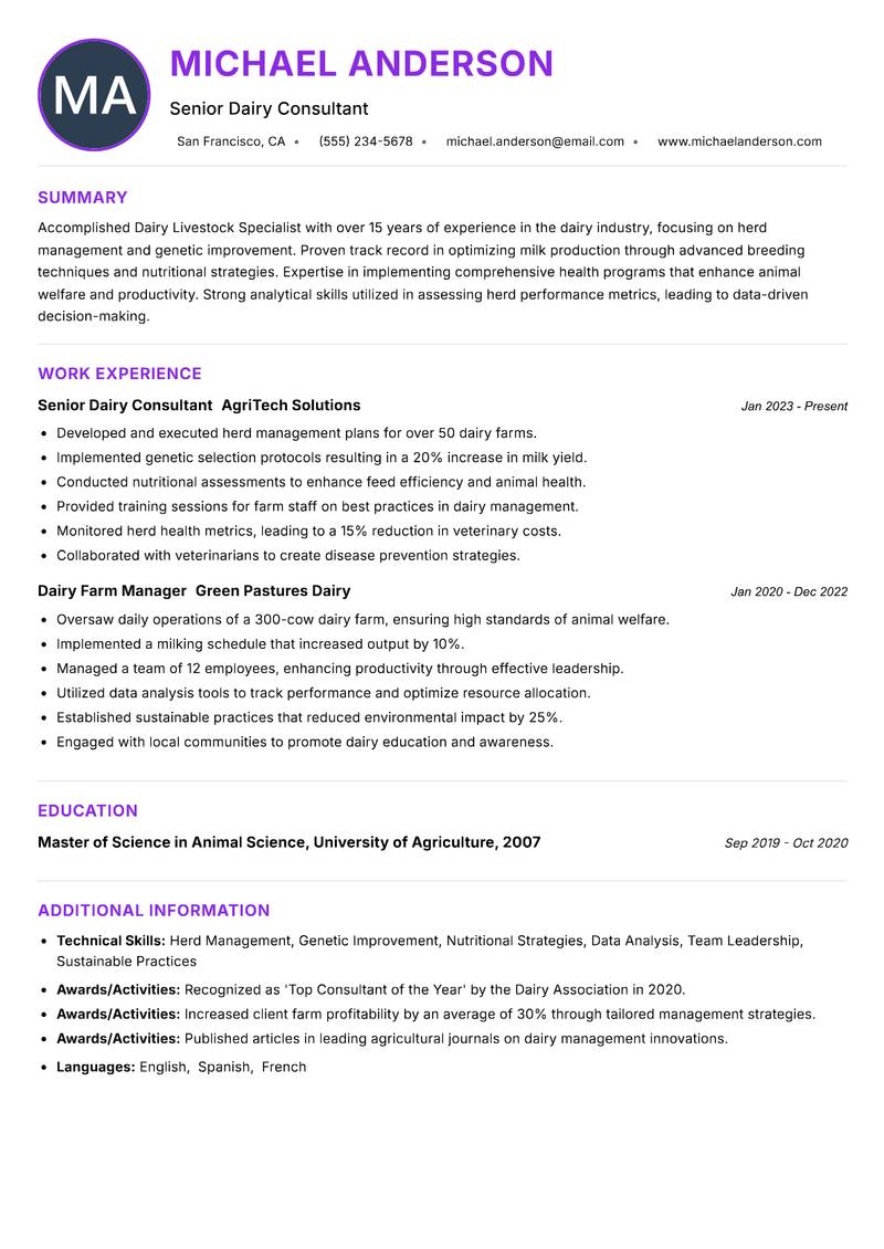 Dairy Livestock Specialist resume example