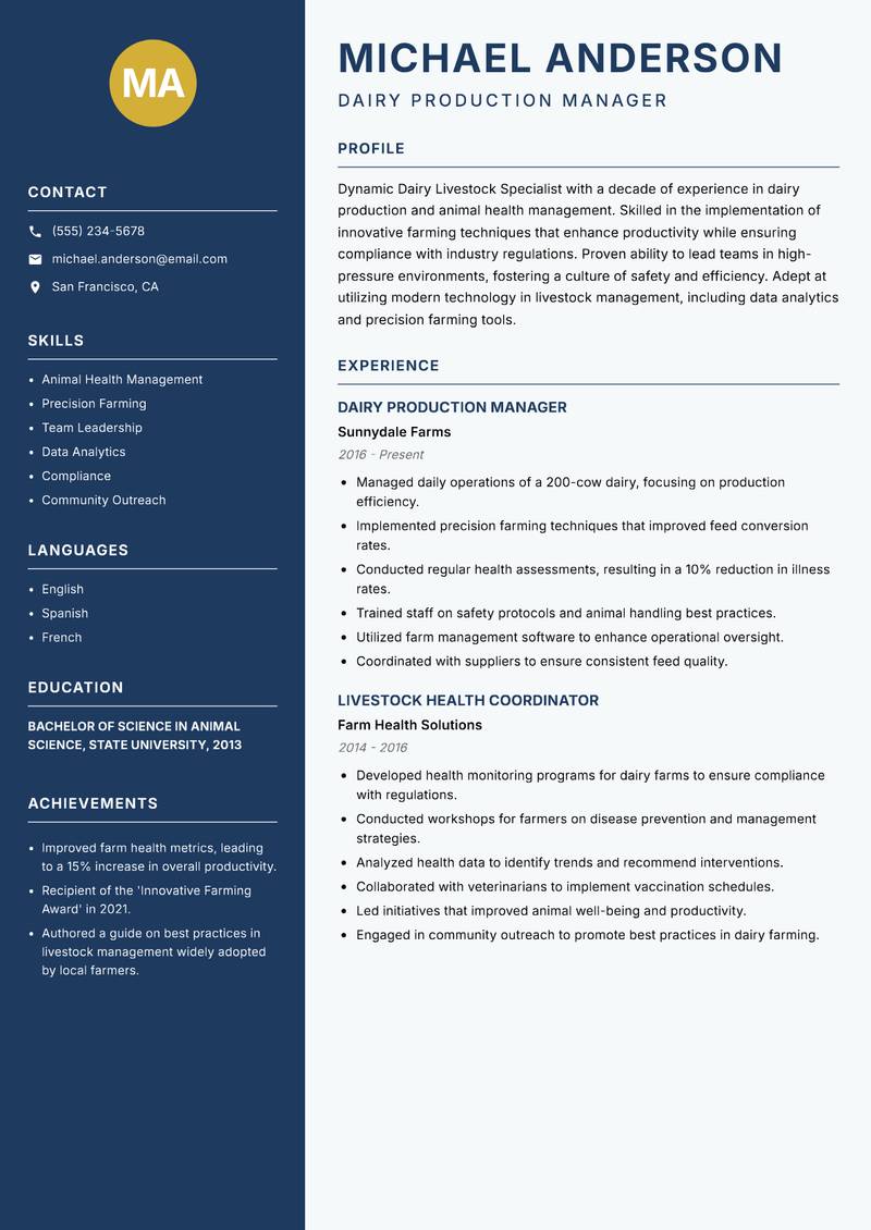 Dairy Livestock Specialist resume sample — Dairy Production Manager focus