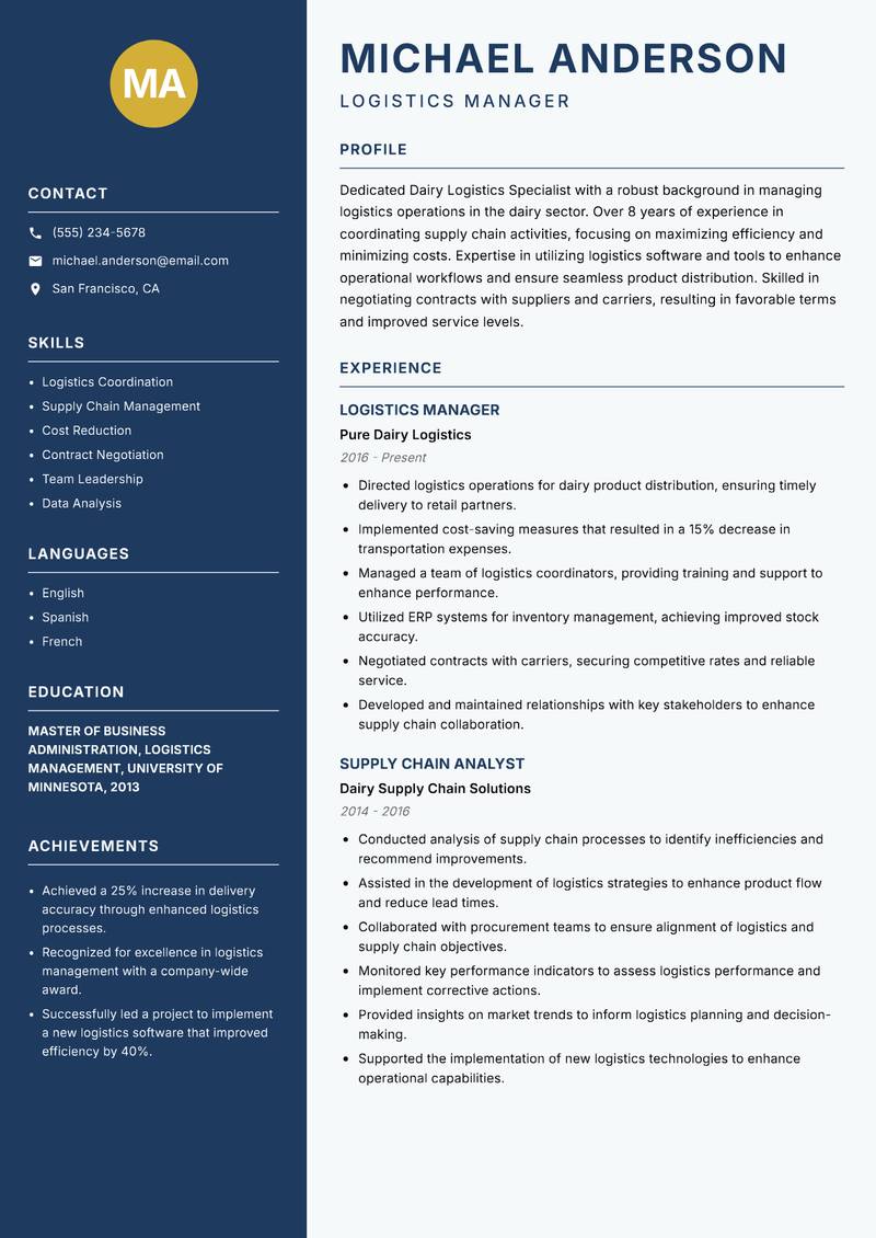 Dairy Logistics Specialist resume sample — Logistics Manager focus