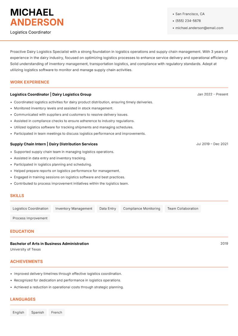 Dairy Logistics Specialist resume sample — Logistics Coordinator focus