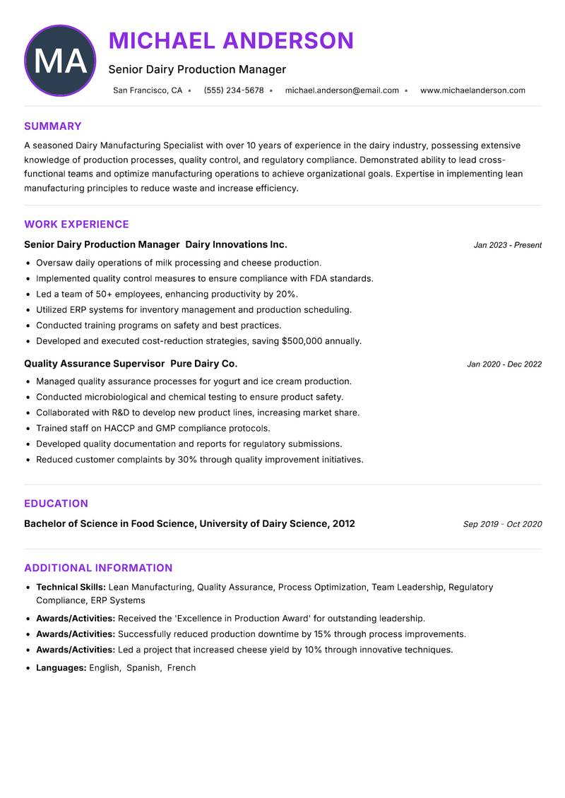 Dairy Manufacturing Specialist resume example