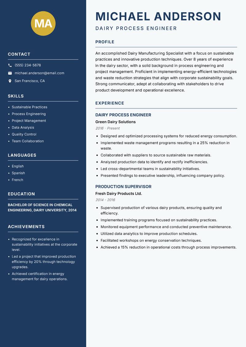 Dairy Manufacturing Specialist resume sample — Dairy Process Engineer focus
