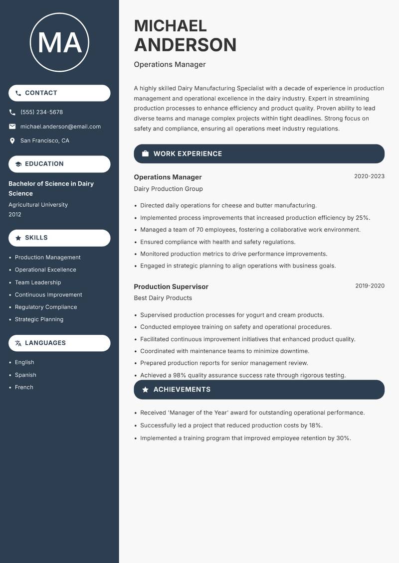 Dairy Manufacturing Specialist resume sample — Operations Manager focus