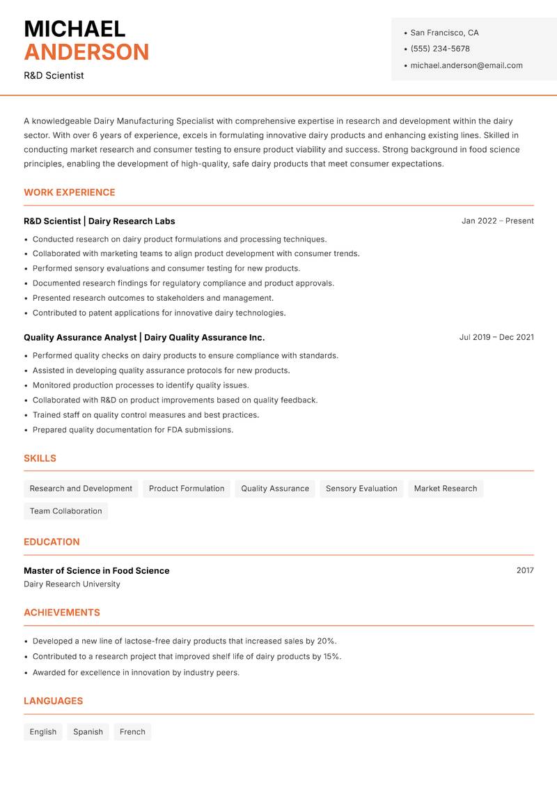 Dairy Manufacturing Specialist resume sample — R&D Scientist focus