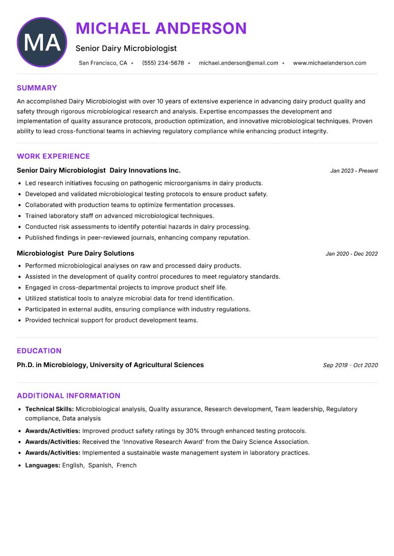 Dairy Microbiologist resume example