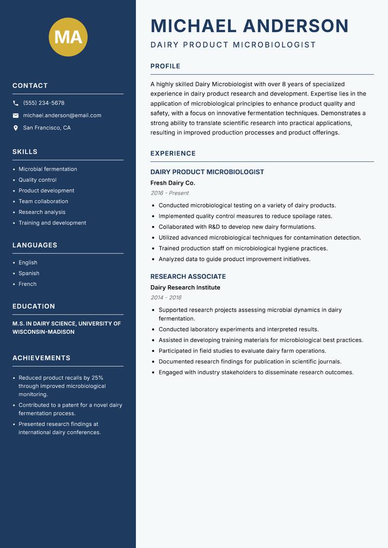 Dairy Microbiologist resume sample — Dairy Product Microbiologist focus
