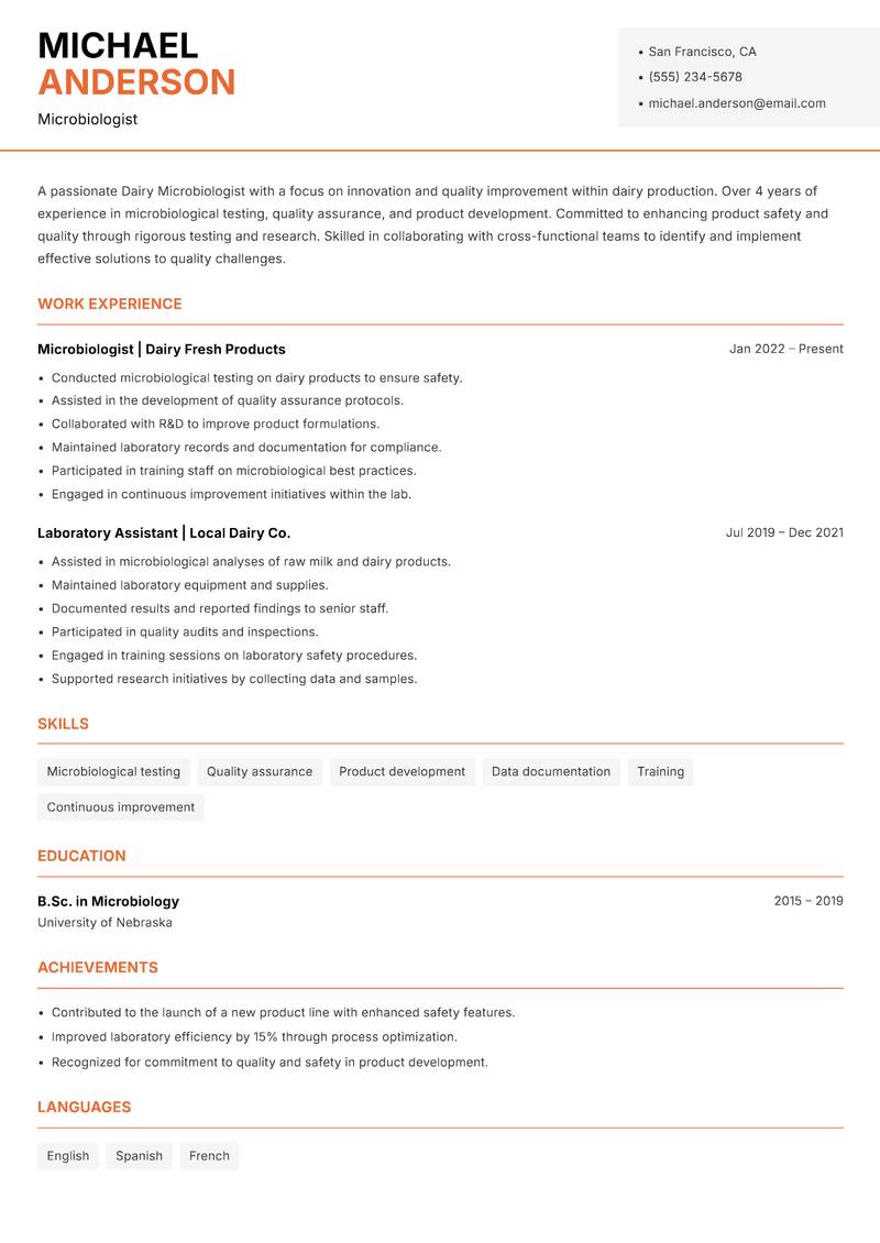 Dairy Microbiologist resume sample — Microbiologist focus