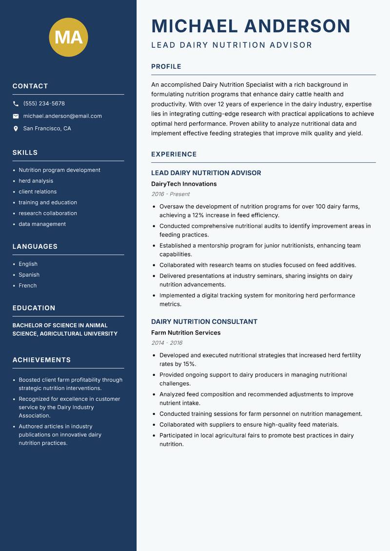 Dairy Nutrition Specialist resume sample — Lead Dairy Nutrition Advisor focus