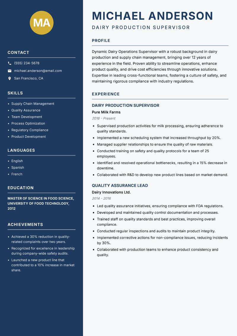 Dairy Operations Supervisor resume sample — Dairy Production Supervisor focus