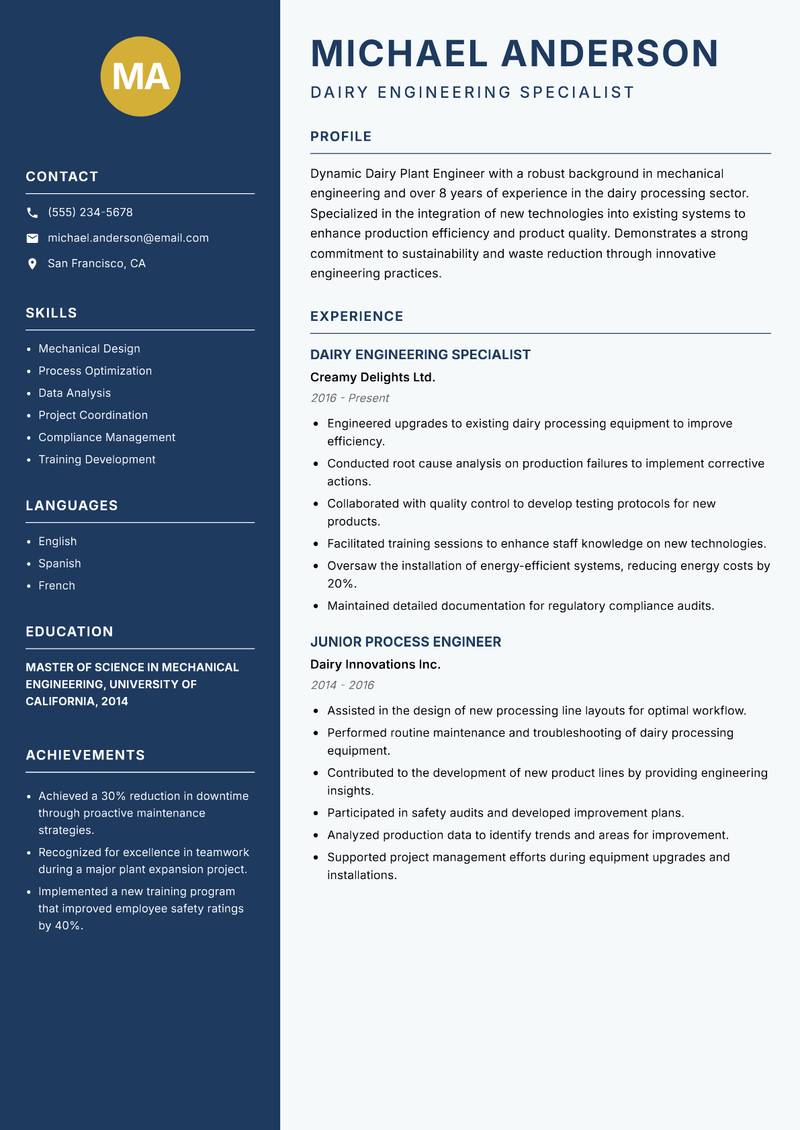 Dairy Plant Engineer resume sample — Dairy Engineering Specialist focus