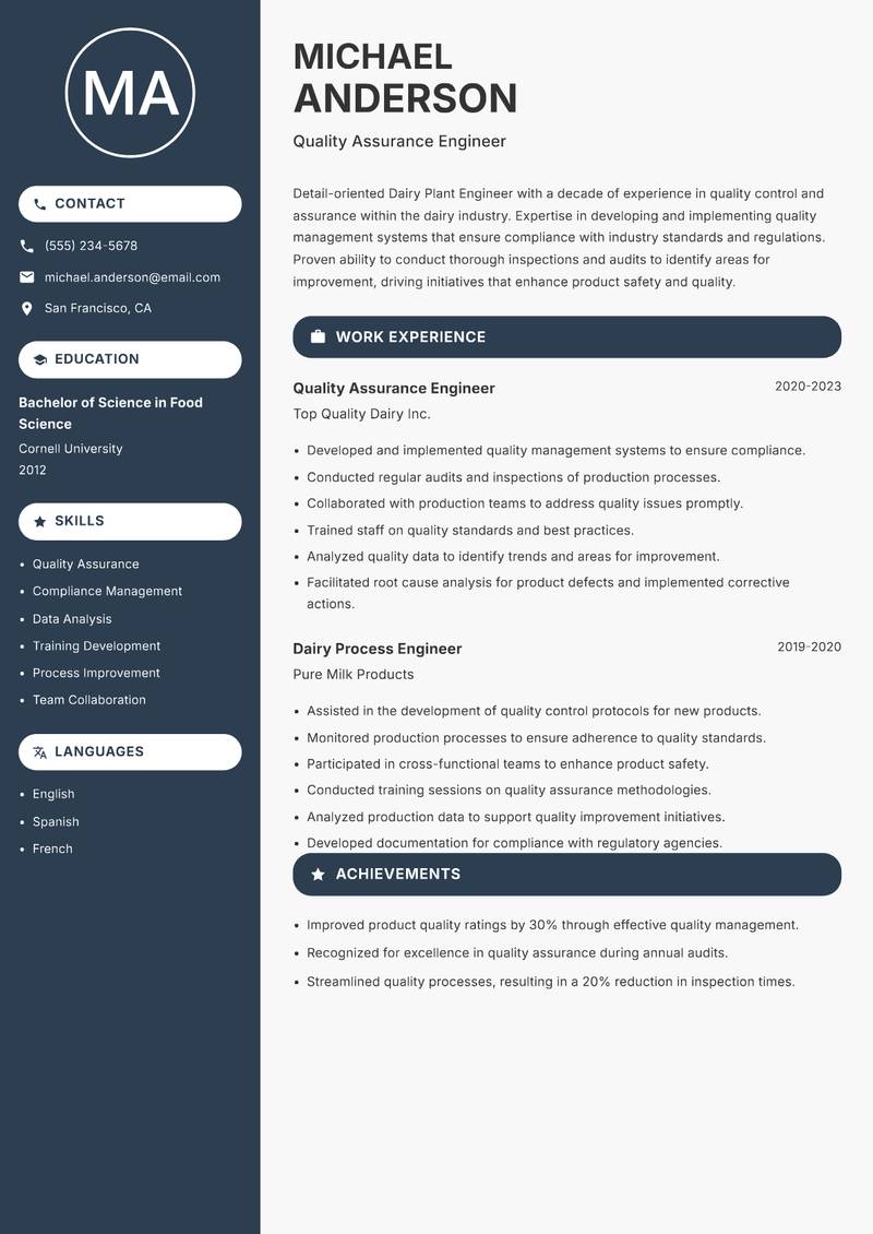 Dairy Plant Engineer resume sample — Quality Assurance Engineer focus