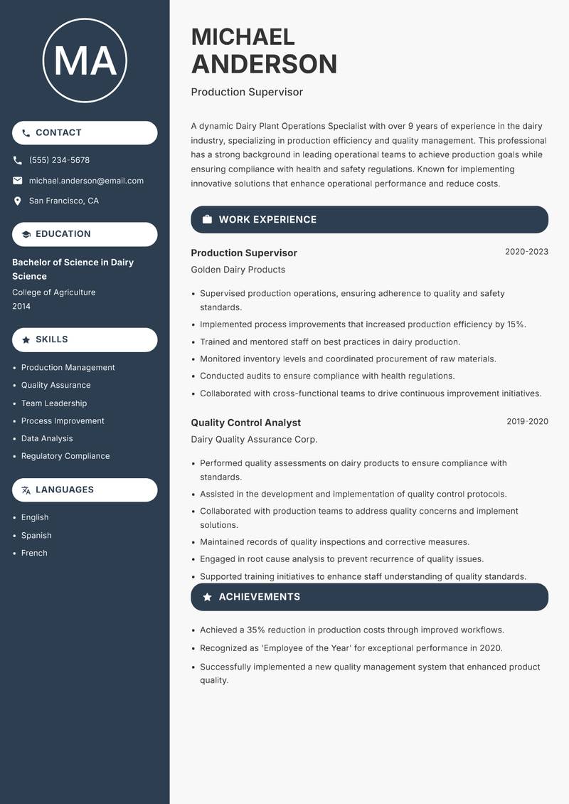 Dairy Plant Operations Specialist resume sample — Production Supervisor focus