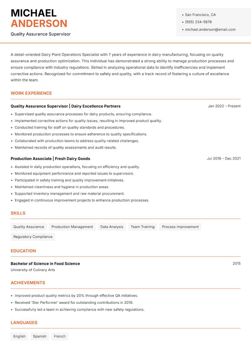 Dairy Plant Operations Specialist resume sample — Quality Assurance Supervisor focus