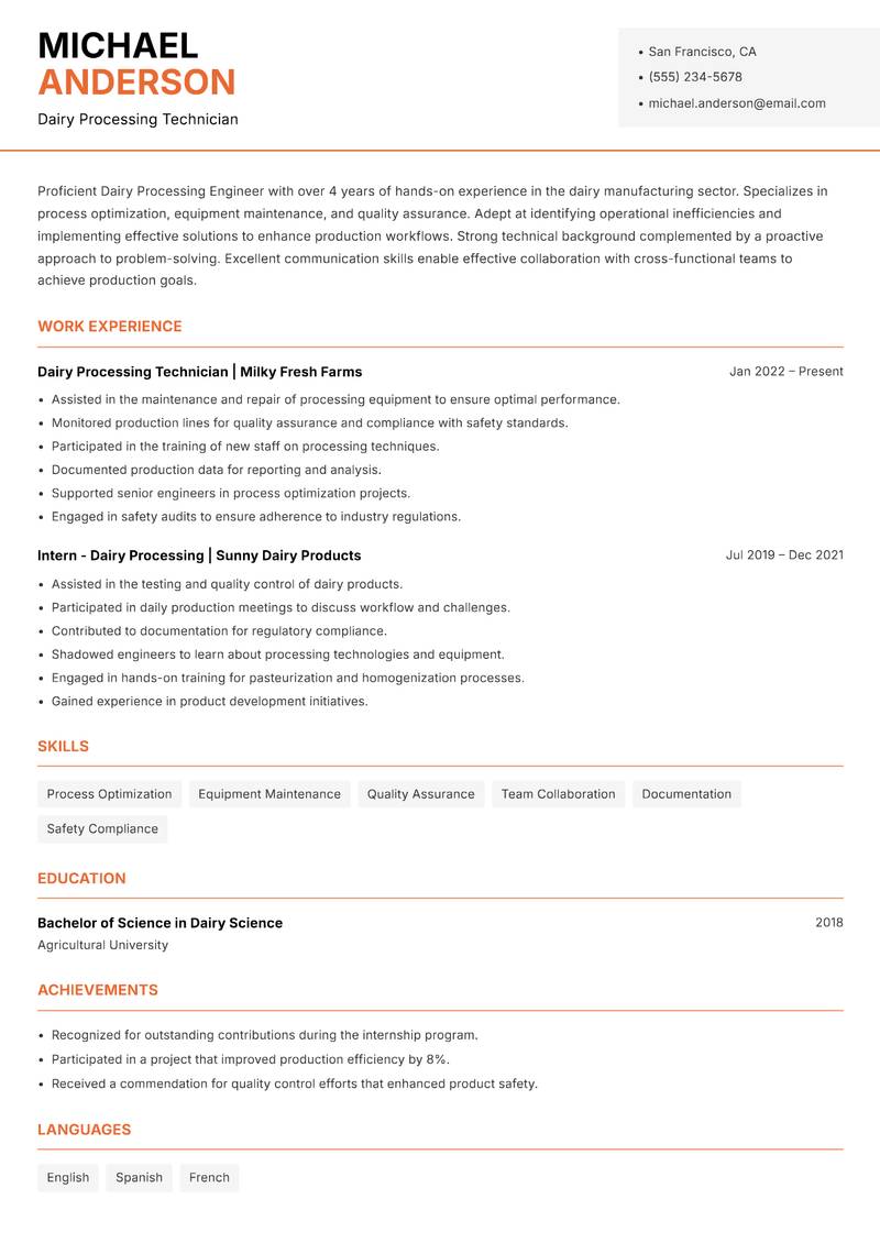 Dairy Processing Engineer resume sample — Dairy Processing Technician focus