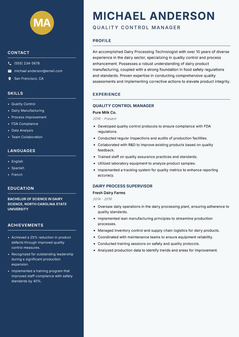 Dairy Processing Technologist resume sample — Quality Control Manager focus