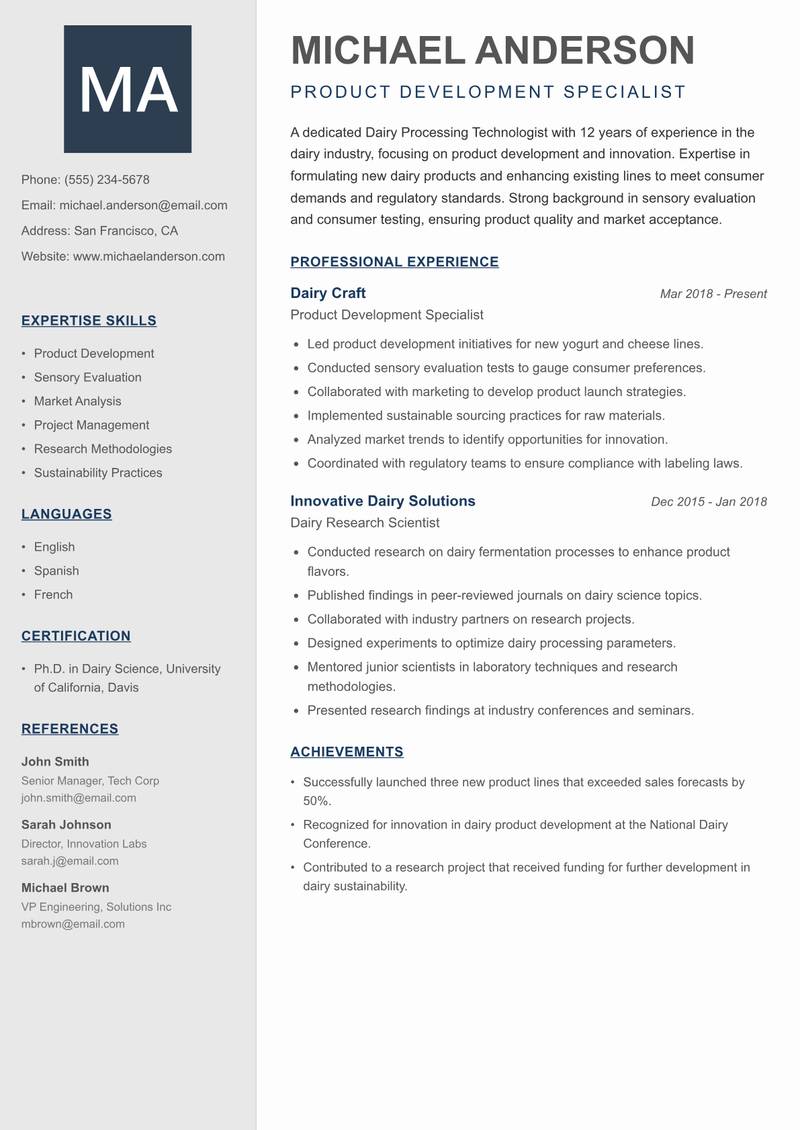 Dairy Processing Technologist resume sample — Product Development Specialist focus