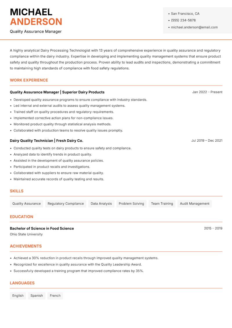 Dairy Processing Technologist resume sample — Quality Assurance Manager focus