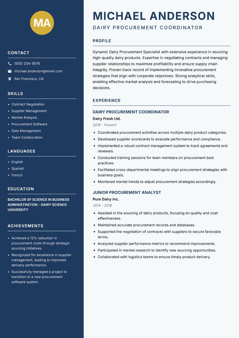 Dairy Procurement Specialist resume sample — Dairy Procurement Coordinator focus