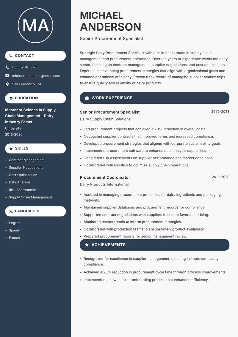 Dairy Procurement Specialist resume sample — Senior Procurement Specialist focus