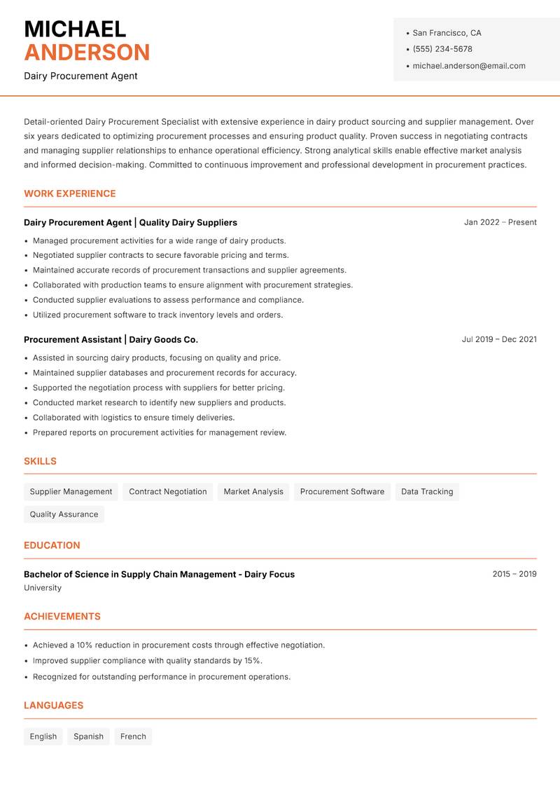 Dairy Procurement Specialist resume sample — Dairy Procurement Agent focus