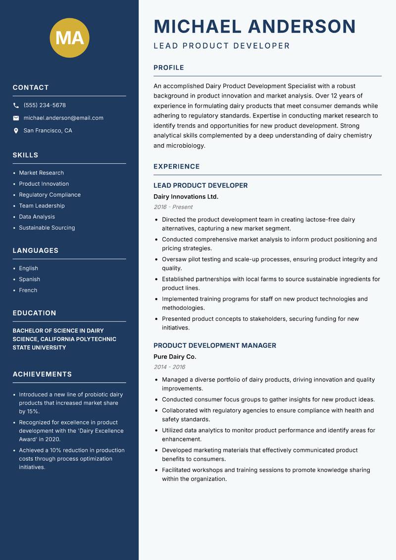 Dairy Product Development Specialist resume sample — Lead Product Developer focus