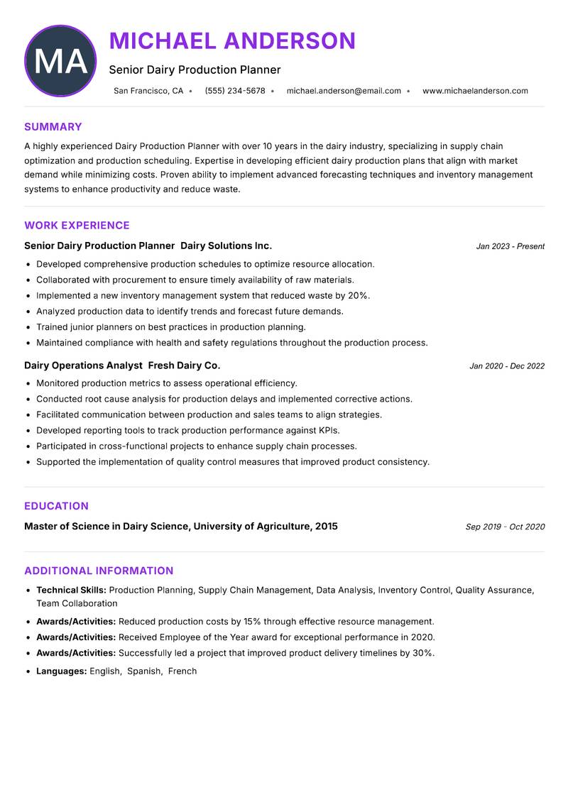 Dairy Production Planner resume example