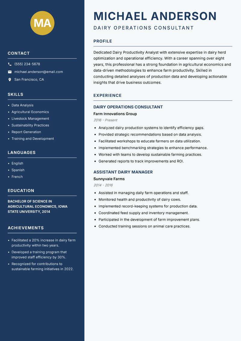 Dairy Productivity Analyst resume sample — Dairy Operations Consultant focus