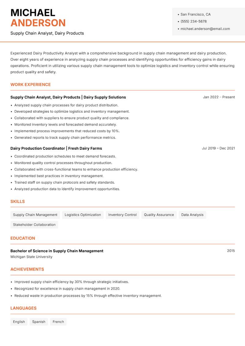 Dairy Productivity Analyst resume sample — Supply Chain Analyst, Dairy Products focus