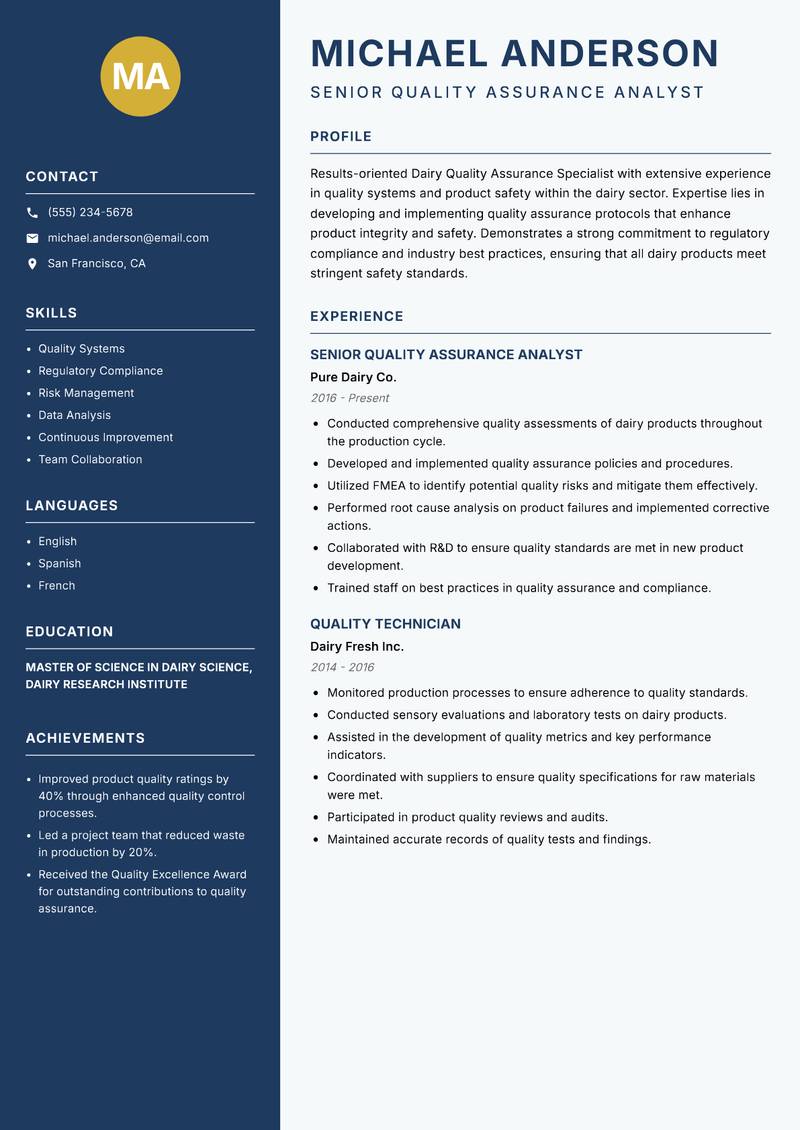 Dairy Quality Assurance Specialist resume sample — Senior Quality Assurance Analyst focus