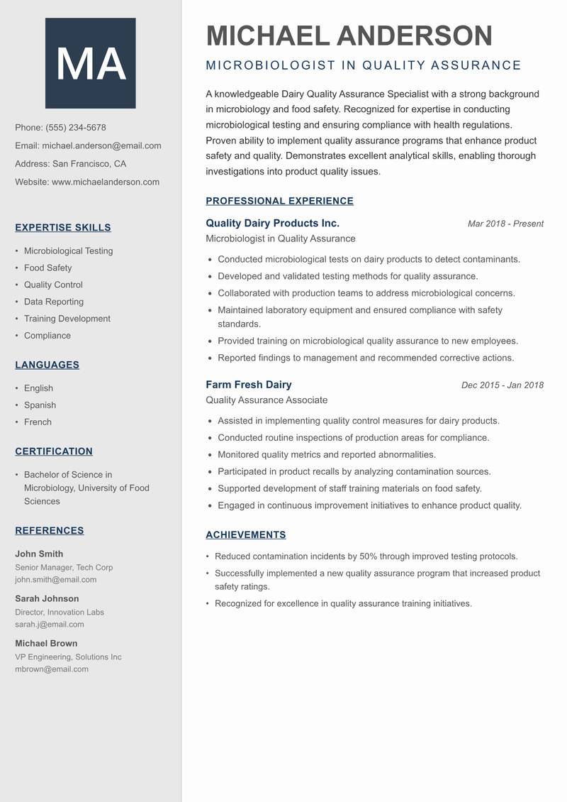 Dairy Quality Assurance Specialist resume sample — Microbiologist in Quality Assurance focus