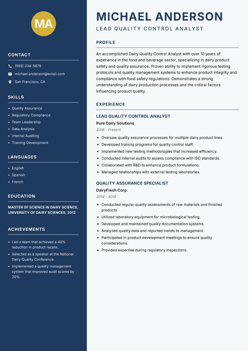 Dairy Quality Control Analyst resume sample — Lead Quality Control Analyst focus