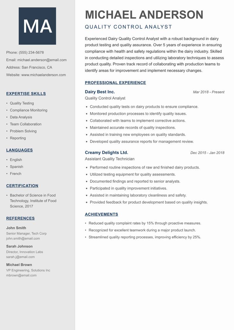 Dairy Quality Control Analyst resume sample — Quality Control Analyst focus