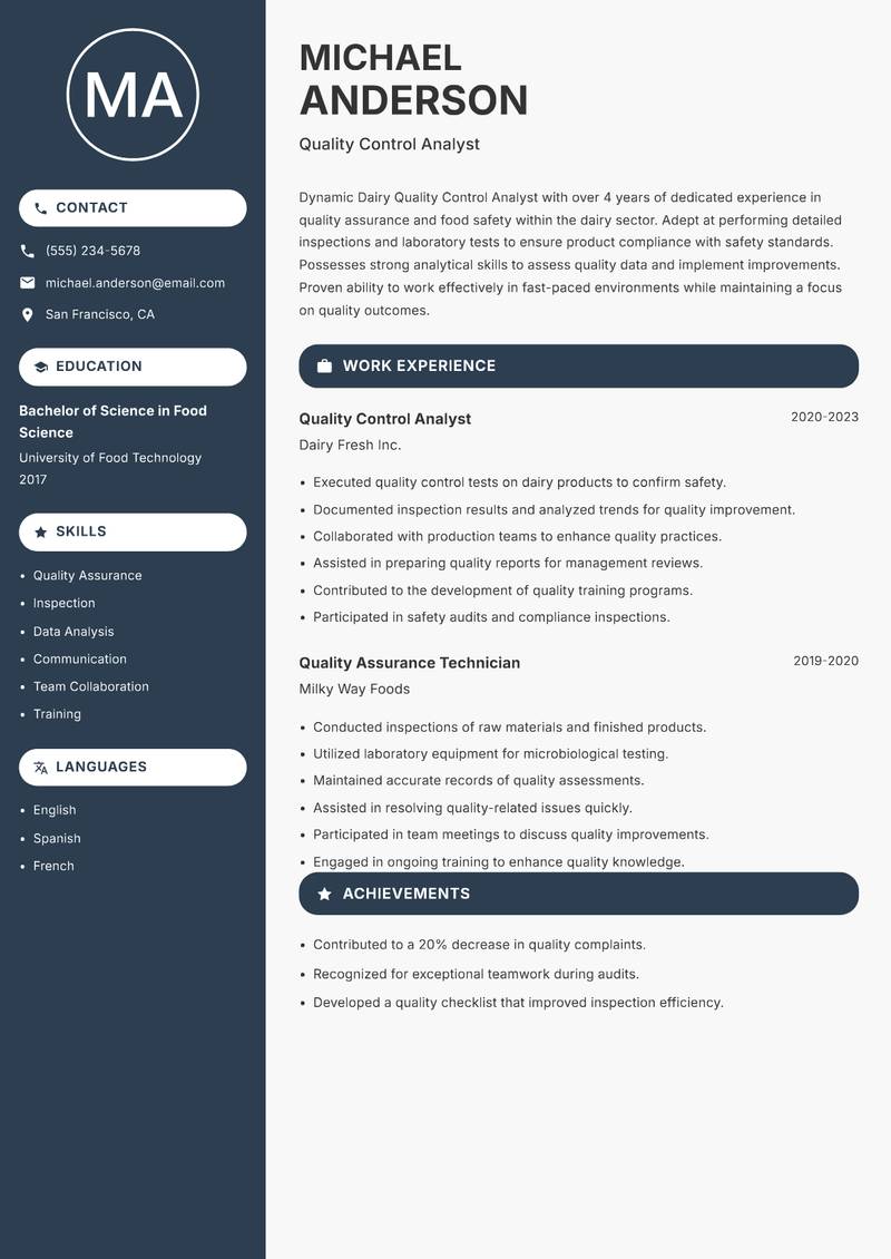 Dairy Quality Control Analyst resume sample — Quality Control Analyst focus