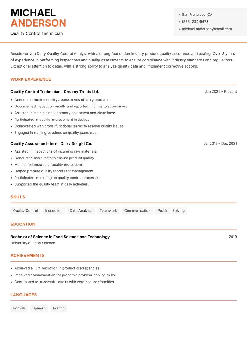 Dairy Quality Control Analyst resume sample — Quality Control Technician focus