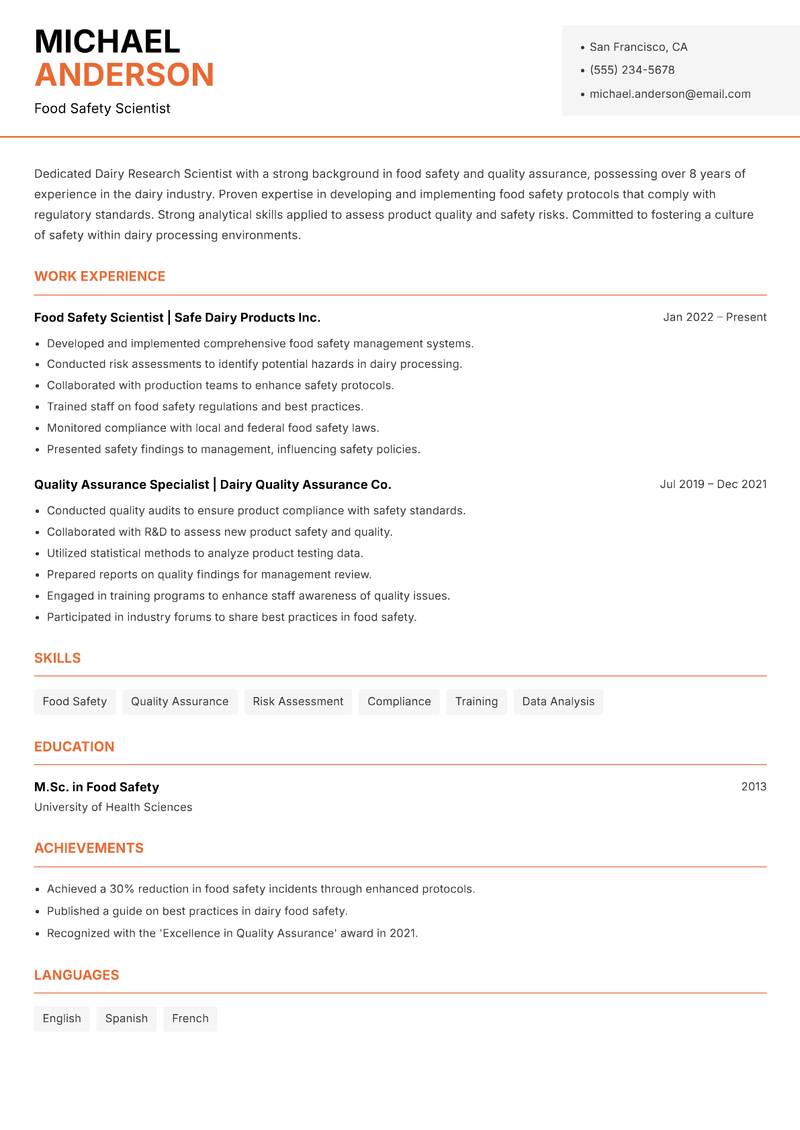 Dairy Research Scientist resume sample — Food Safety Scientist focus