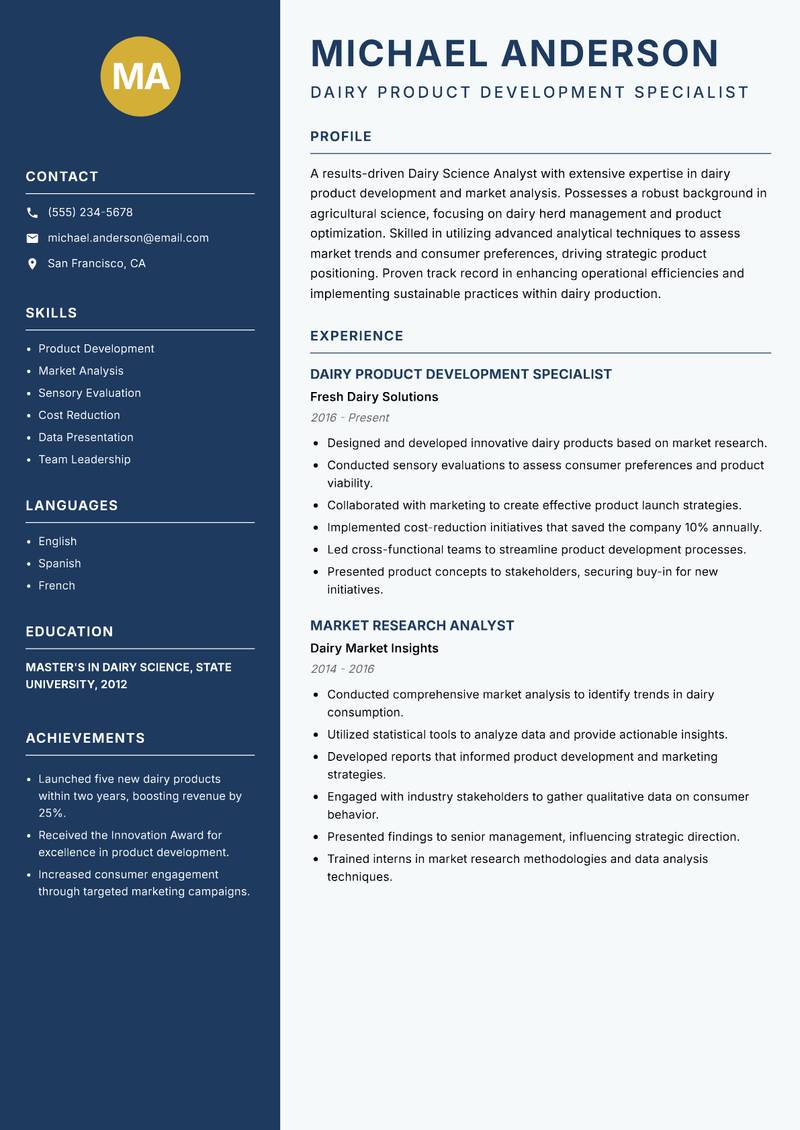 Dairy Science Analyst resume sample — Dairy Product Development Specialist focus