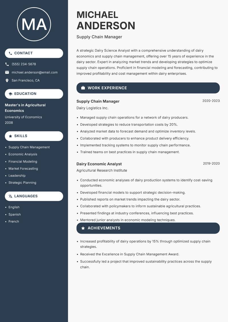 Dairy Science Analyst resume sample — Supply Chain Manager focus