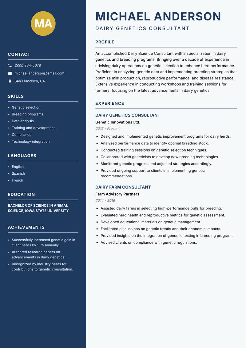 Dairy Science Consultant resume sample — Dairy Genetics Consultant focus